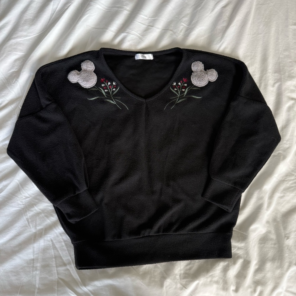 Disney Black V-Neck Mickey Floral Emroidered Sweater